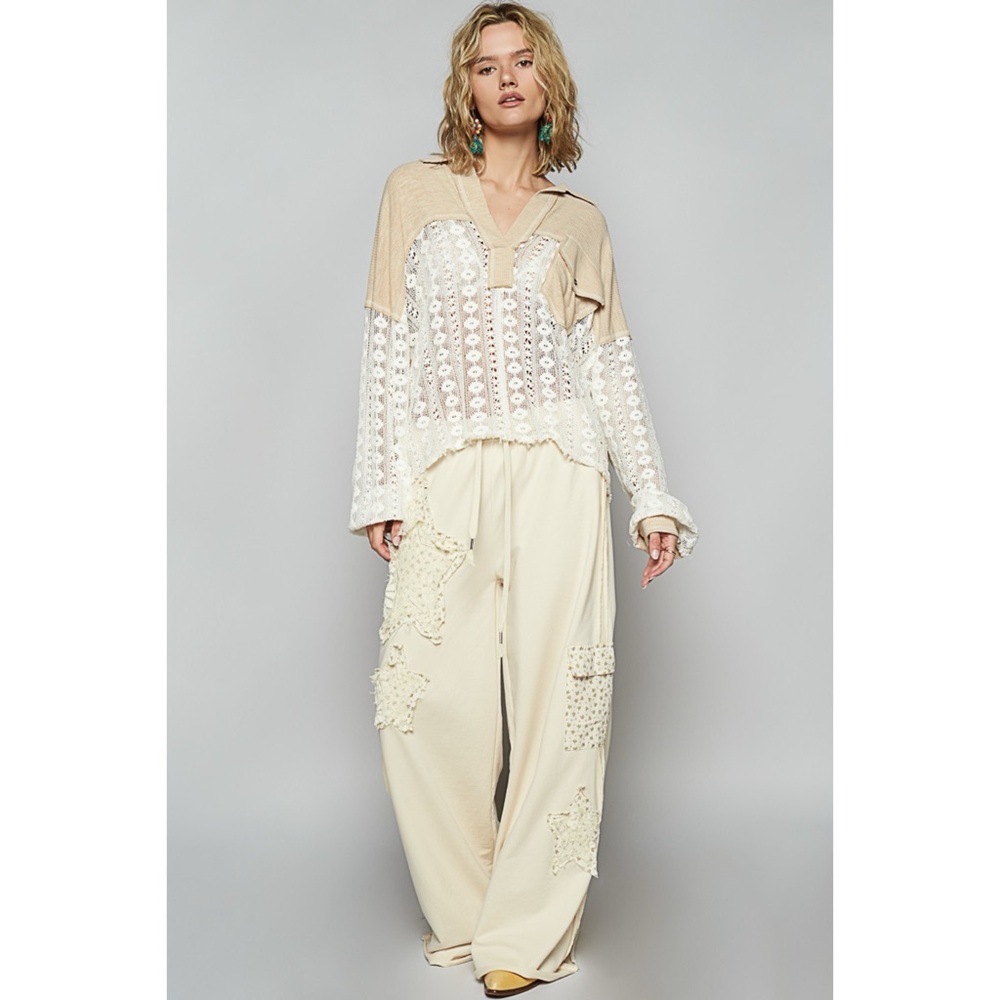 POL Beige & White Rib Knit with Lace Split Neck Top - Picture 11 of 12